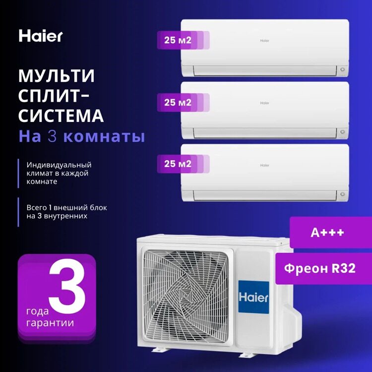 Мультисплит систeма  Наiеr АS25S2SF2FA-W x 3 / 3U70S2SR5FА